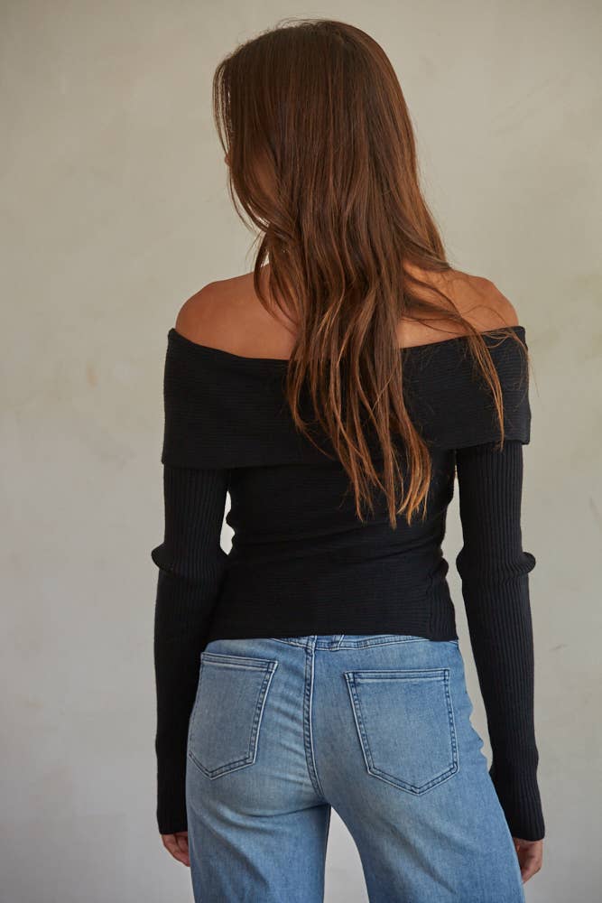 Knit Sweater Off Shoulder Long Sleeve Top: Black / S