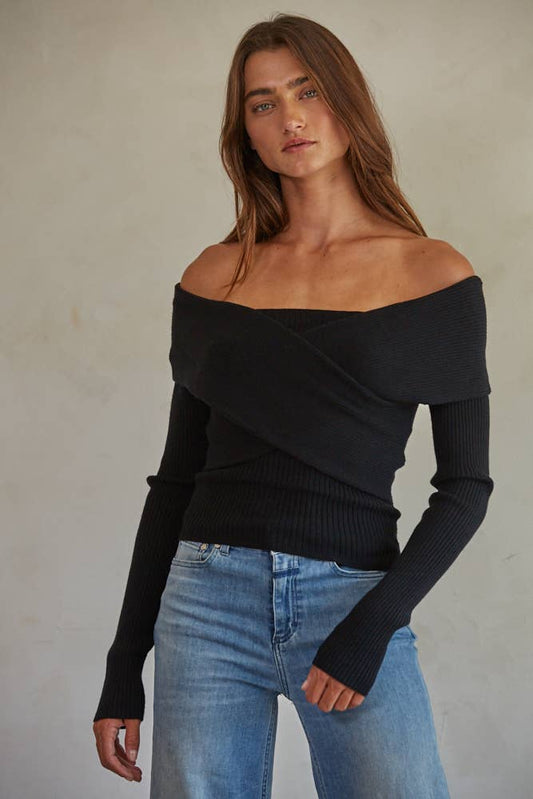 Knit Sweater Off Shoulder Long Sleeve Top: Black / S