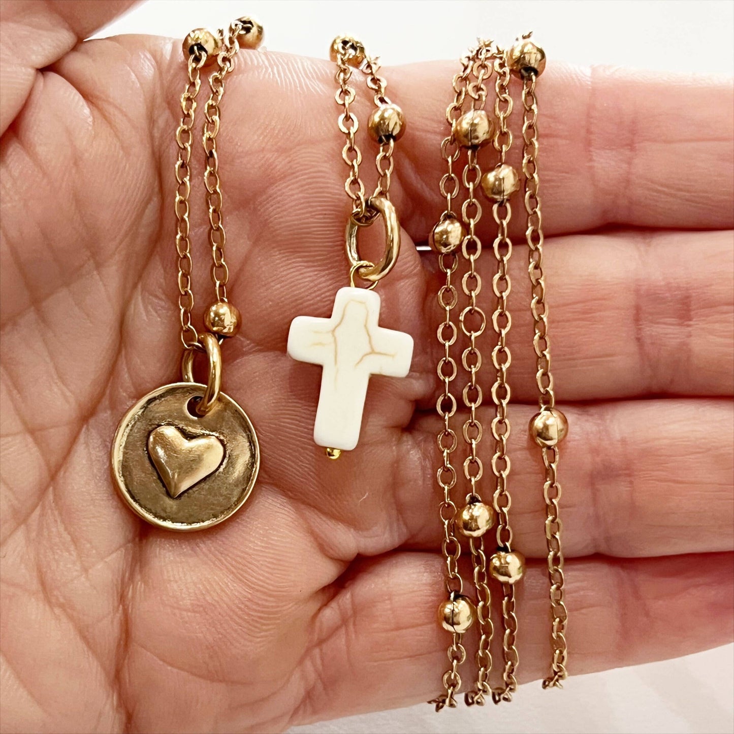 Katia Designs - HAVE FAITH | HEART | Dainty: Gold / Off-White Howlite Cross