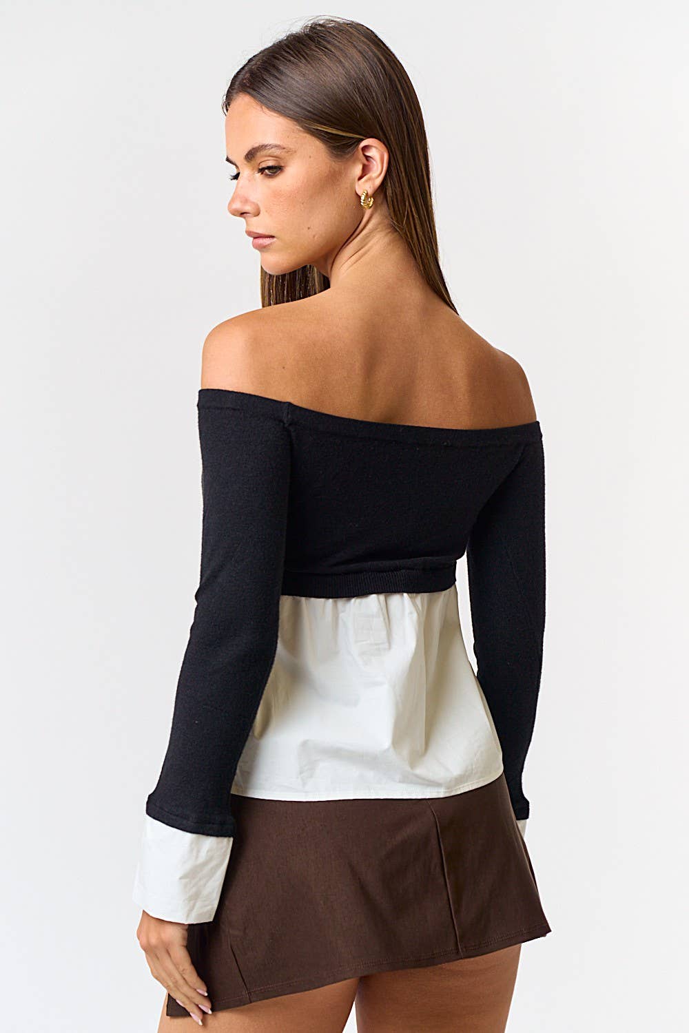 POPLIN MIX OFF SHOULDER SWEATER TOP