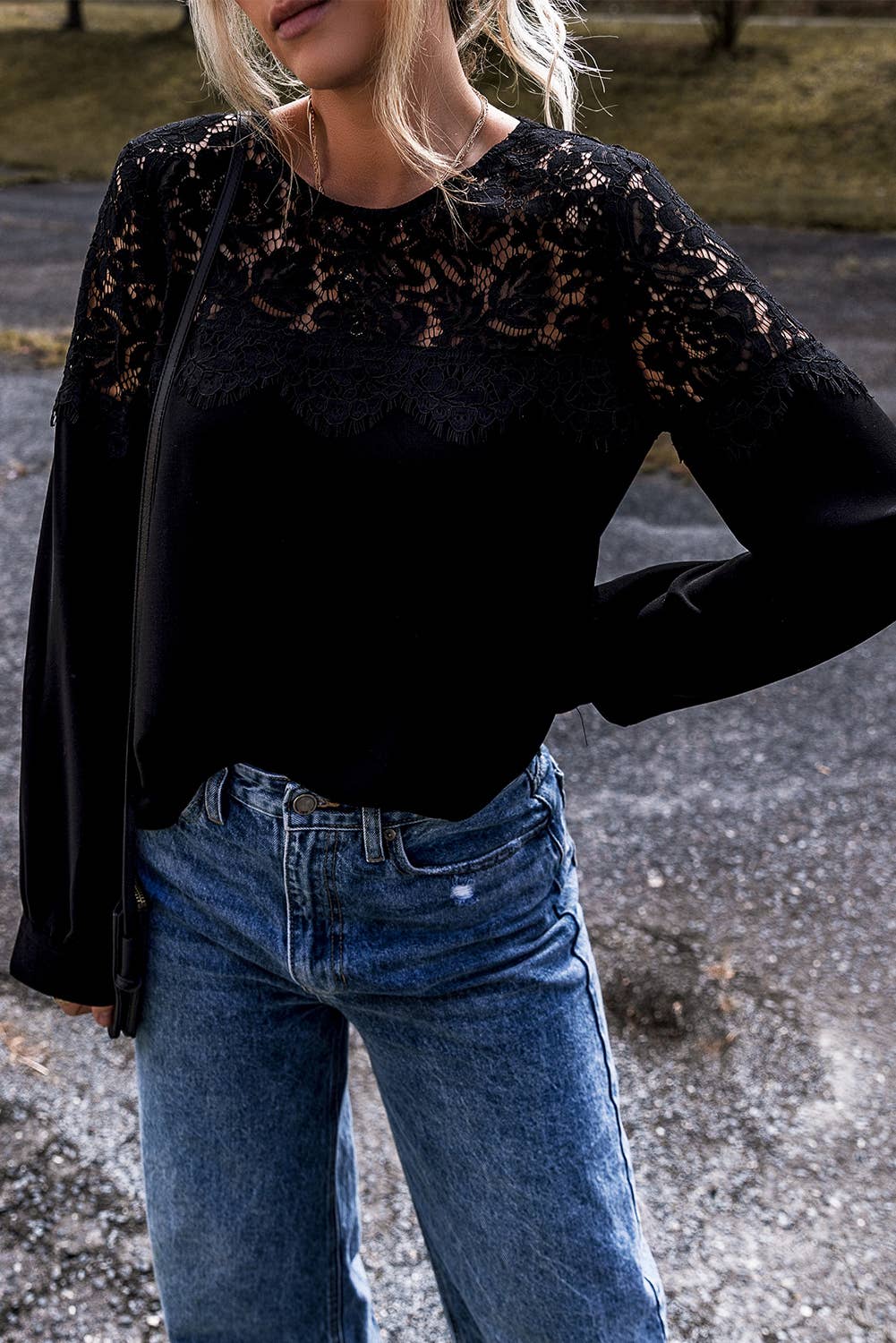 Lace Crochet Patchwork O Neck Long Sleeve Top: Black / Missy