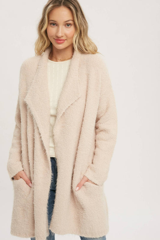 Bluivy - SOFT FUZZY DRAPE FRONT CARDIGAN: OATMEAL