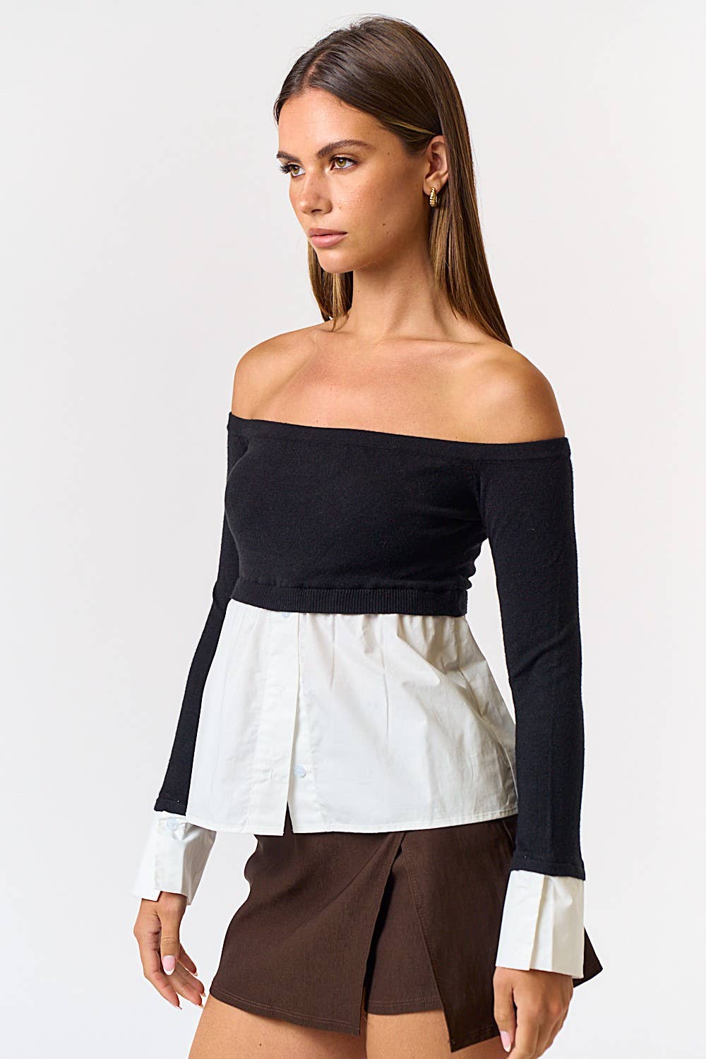 POPLIN MIX OFF SHOULDER SWEATER TOP