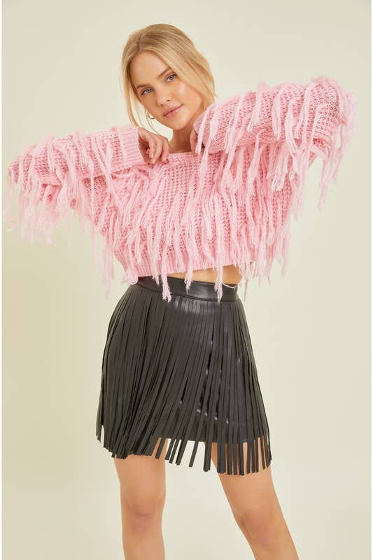 Round Neck Long Sleeve Sweater Top: Pink