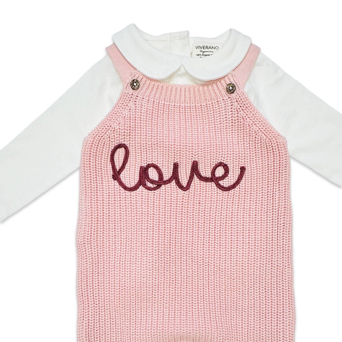 LOVE Embroidered Chunky Sweater Knit Baby Overall & Bodysuit: Blush Pink / English