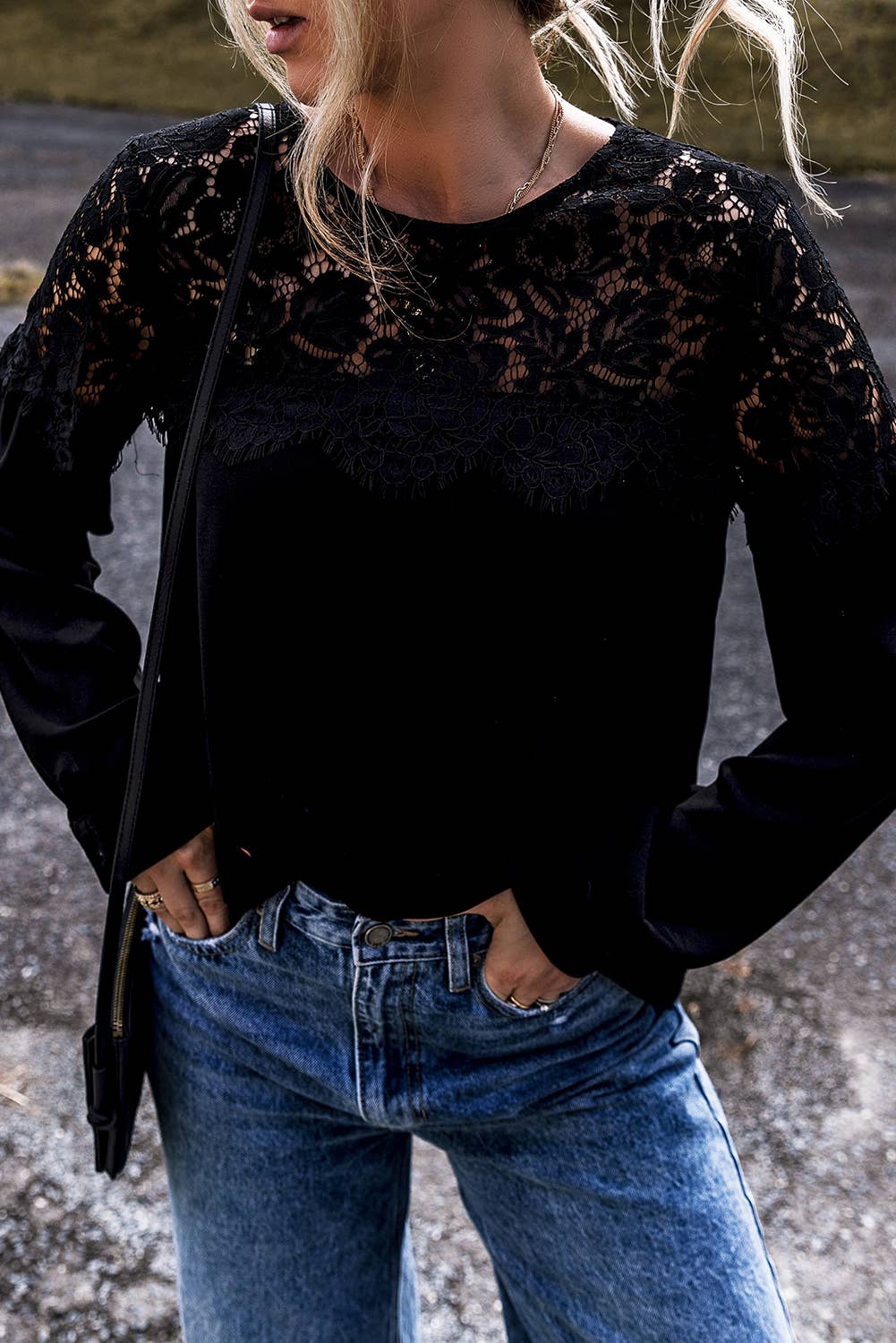 Lace Crochet Patchwork O Neck Long Sleeve Top: Black / Missy