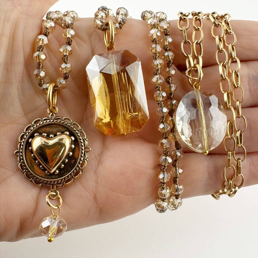 I AM ENOUGH | HEART | Original Layering Bundle: Gold finish / Beige Crystal Beads