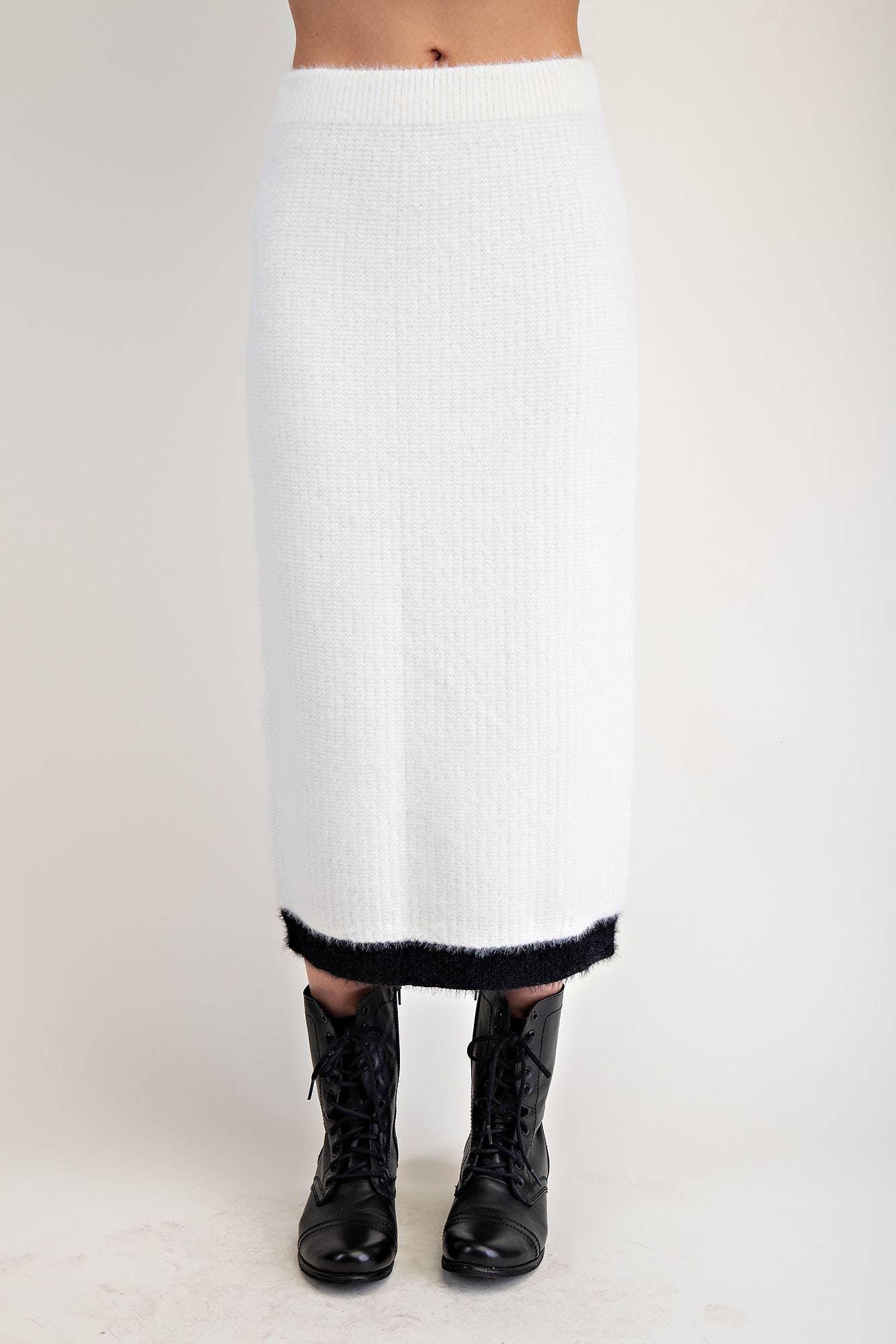 FUZZY SWEATER MIDI SKIRT WITH CONTRAST EDGE: Blk / S