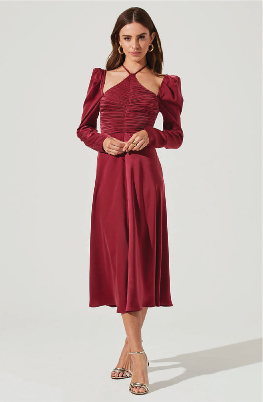 CINCHED HALTER TIE SATIN MIDI DRESS Wine