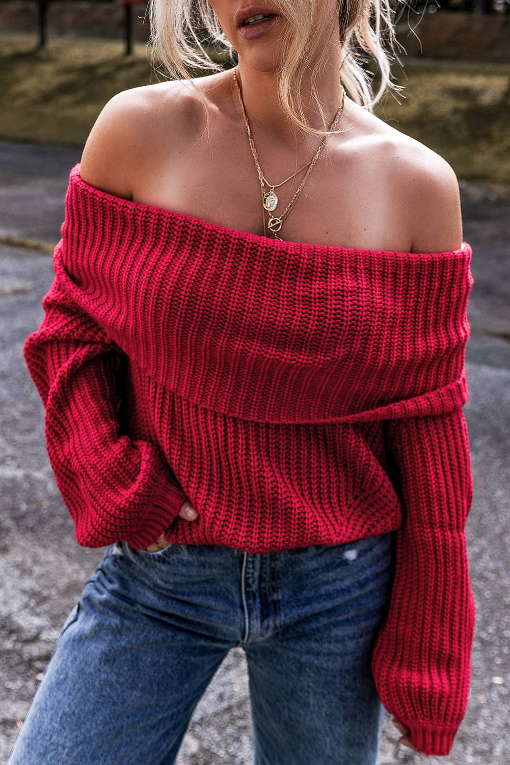 Off-the-shoulder Knit Sweater: Racing Red