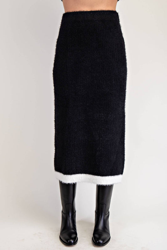 FUZZY SWEATER MIDI SKIRT WITH CONTRAST EDGE: Blk / S