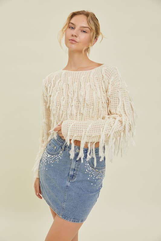 Round Neck Long Sleeve Sweater Top: Pink