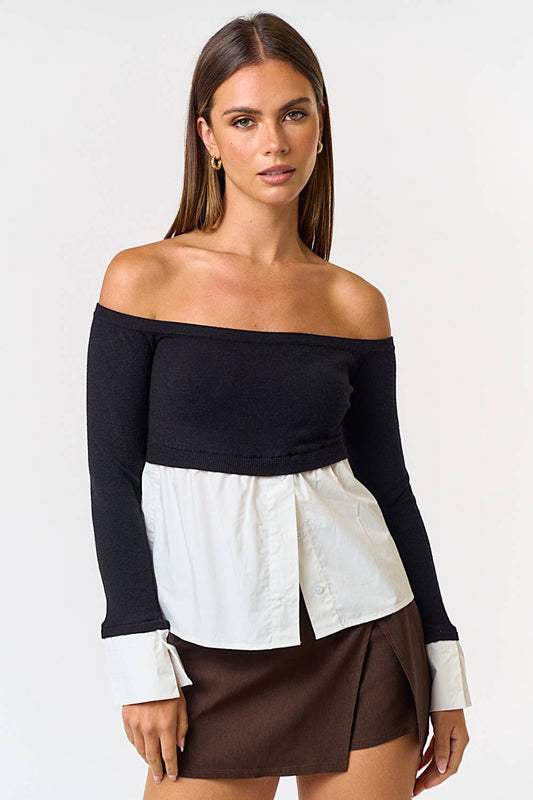 POPLIN MIX OFF SHOULDER SWEATER TOP