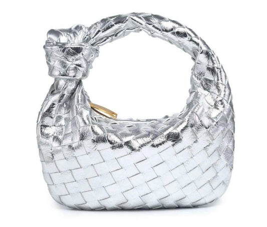 Ava Woven Knotted Handbag Metallic Silver Bells