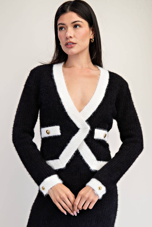 Edit by Nine - TT5933 FUZZY SWEATER CARDIGAN WITH CONTRAST EDGE DETAIL: Blk / S