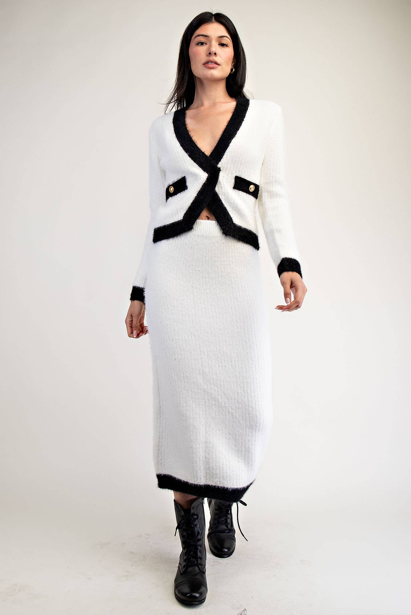 FUZZY SWEATER MIDI SKIRT WITH CONTRAST EDGE: Blk / S