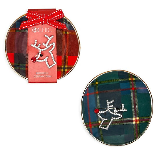 Plaid Trinket Tray and Reindeer Brooch Set