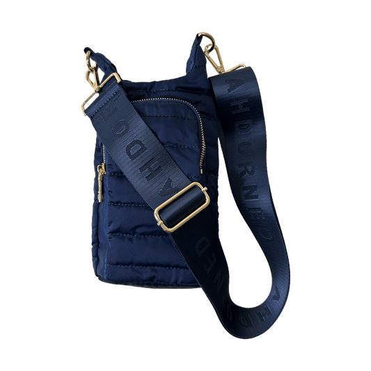 Emma Quilted Puffy Water Bottle Holder w/2" Solid Strap: NAVY