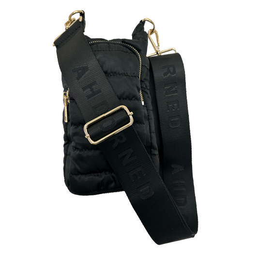 Emma Quilted Puffy Water Bottle Holder w/2" Solid Strap: BLACK