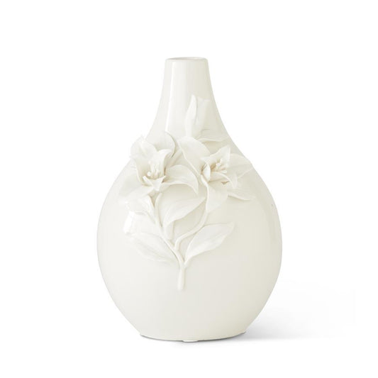 10.5 inch White Ceramic Bottle Neck Vase w/Lily