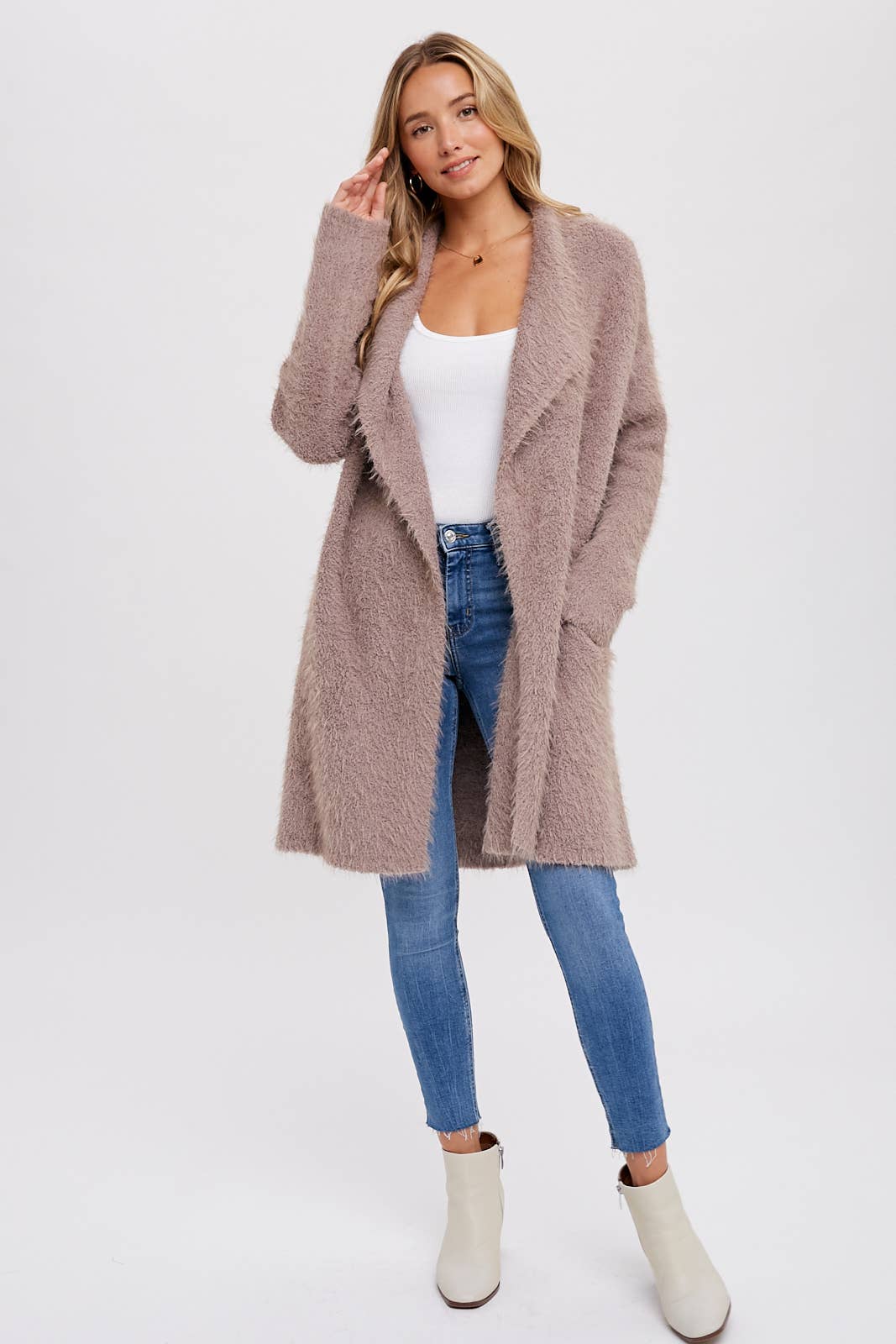 Bluivy - SOFT FUZZY DRAPE FRONT CARDIGAN: OATMEAL