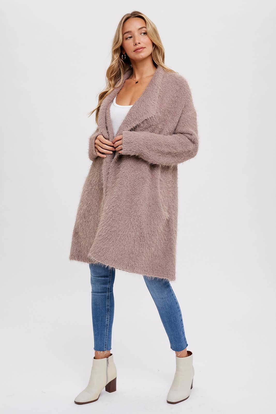 Bluivy - SOFT FUZZY DRAPE FRONT CARDIGAN: OATMEAL