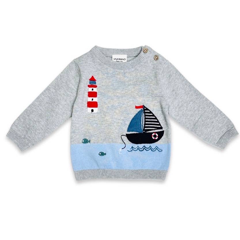 Viverano Organics - Lighthouse & Boat Baby Knit Pullover & Pants Set (Organic): Grey Heather