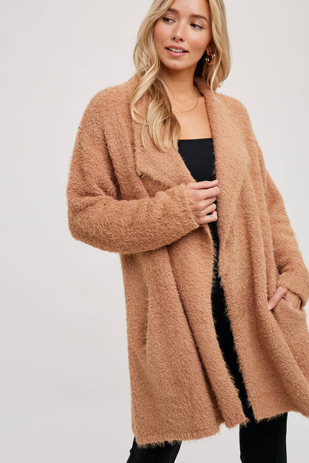Bluivy - SOFT FUZZY DRAPE FRONT CARDIGAN: OATMEAL