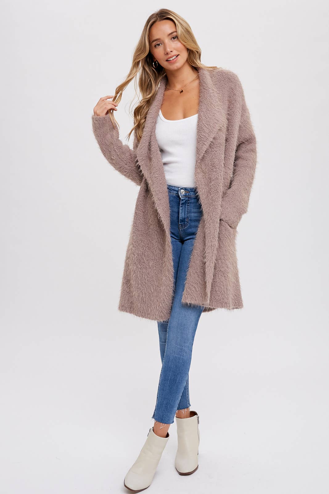 Bluivy - SOFT FUZZY DRAPE FRONT CARDIGAN: OATMEAL