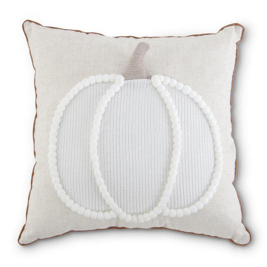 16” Square Pom Pom Trimmed Pillow W/White Knit Pumpkin