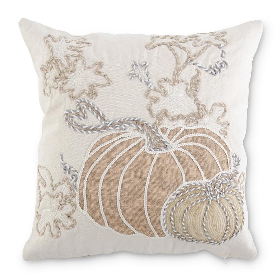 18” Square White Pumpkin Embroidered Pillow