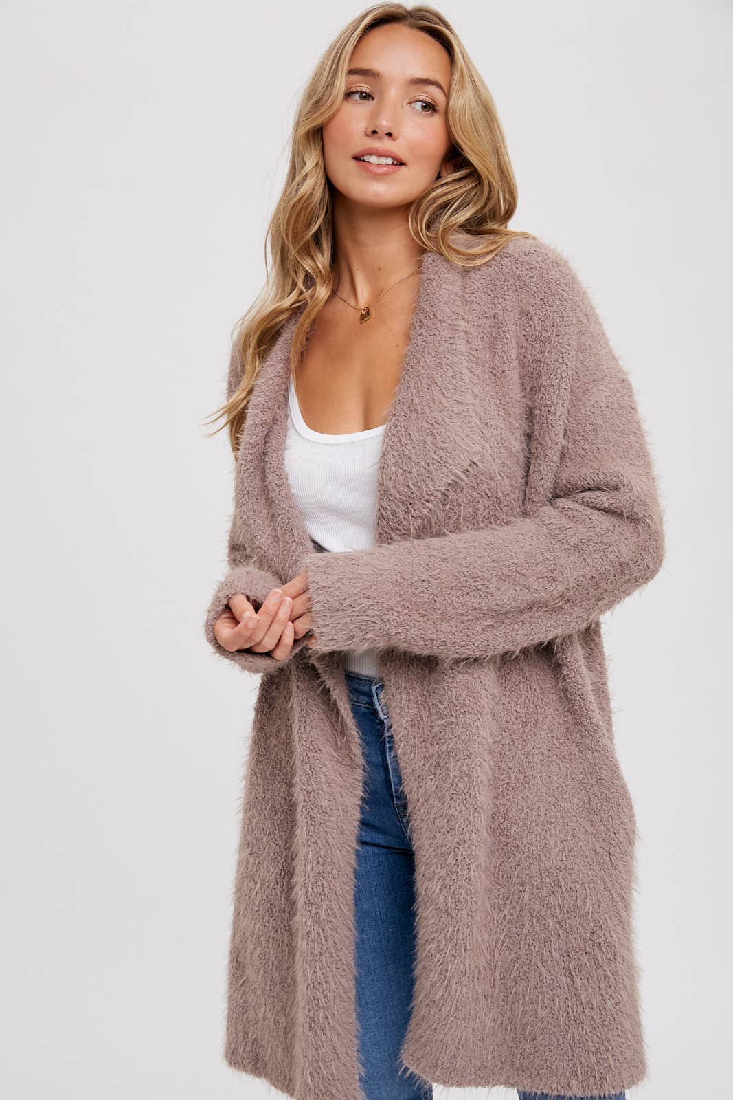 Bluivy - SOFT FUZZY DRAPE FRONT CARDIGAN: OATMEAL