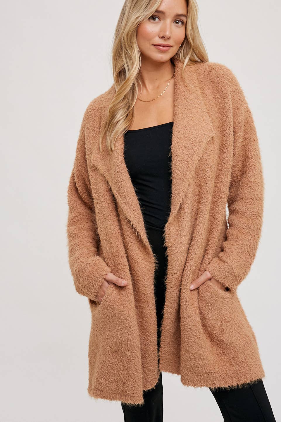 Bluivy - SOFT FUZZY DRAPE FRONT CARDIGAN: OATMEAL