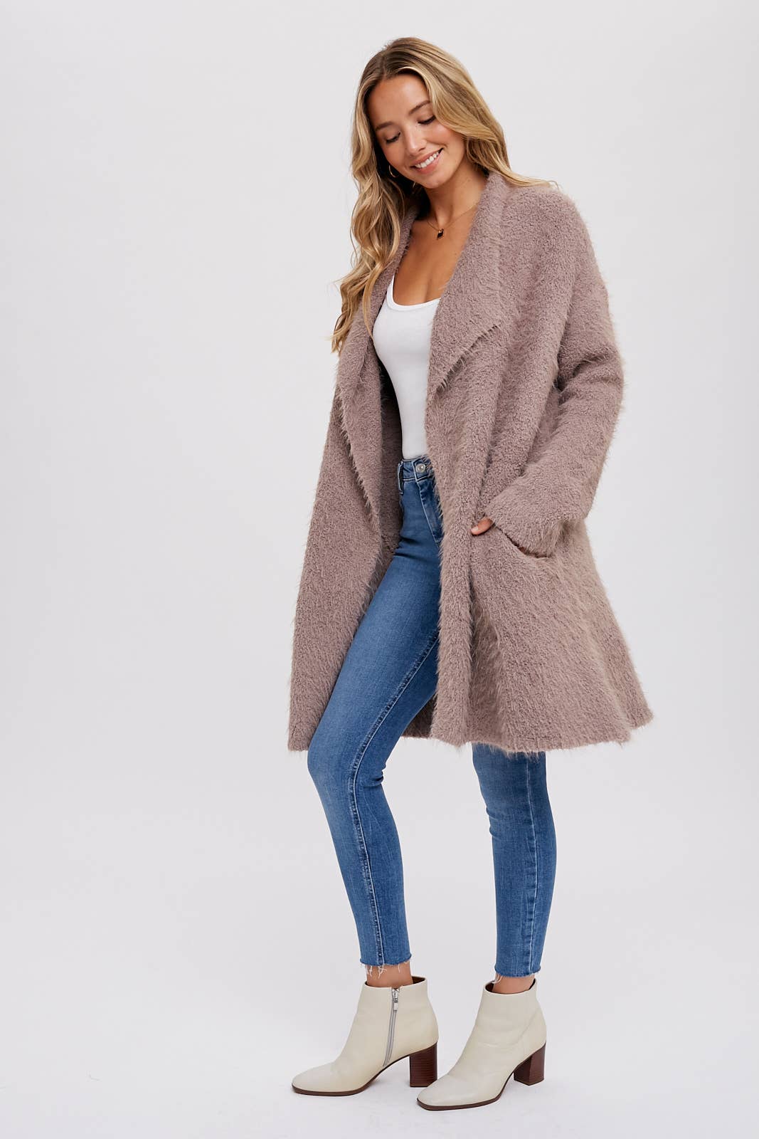 Bluivy - SOFT FUZZY DRAPE FRONT CARDIGAN: OATMEAL