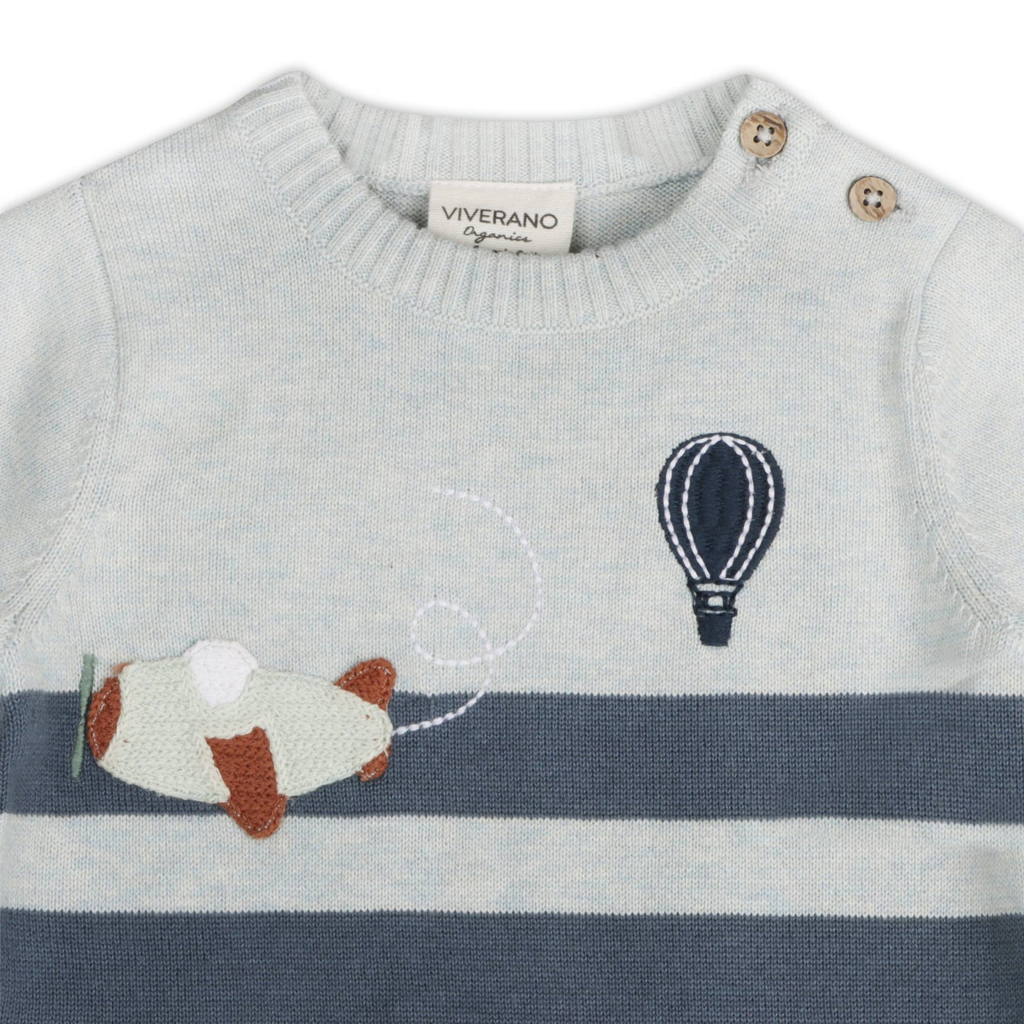 Viverano Organics - Airplane Applique Knit Short Baby Romper (Organic Cotton): Blue Heather/ Navy Combo / 3-6M