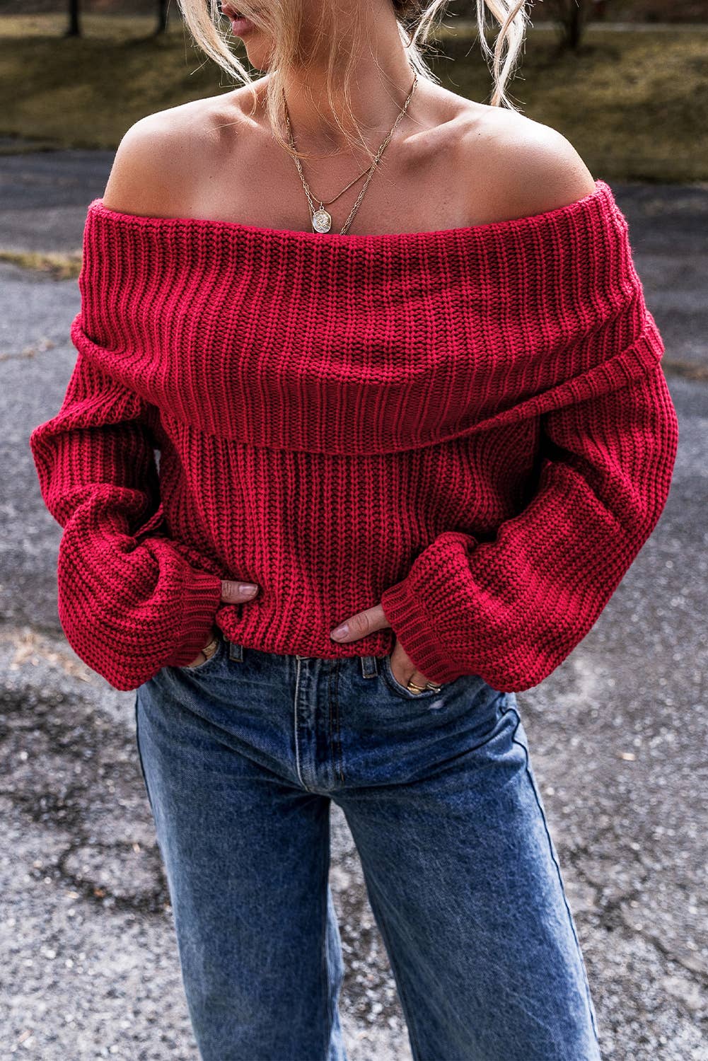 Off-the-shoulder Knit Sweater: Racing Red