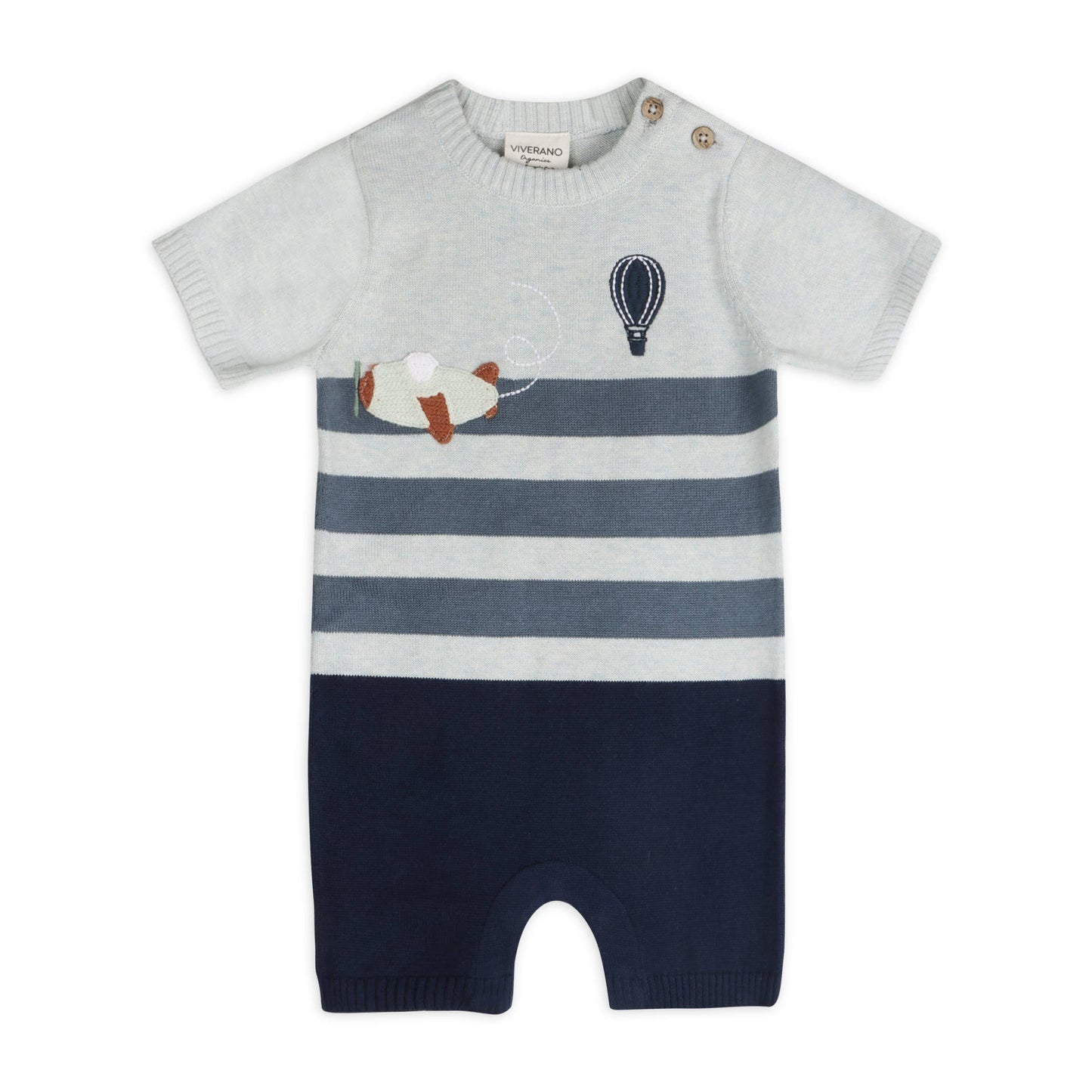 Viverano Organics - Airplane Applique Knit Short Baby Romper (Organic Cotton): Blue Heather/ Navy Combo / 3-6M
