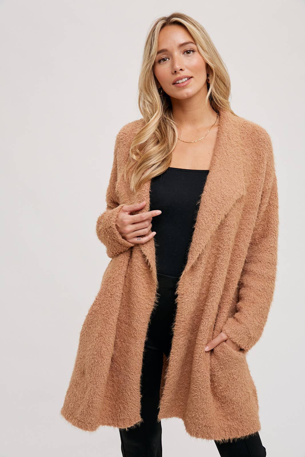 Bluivy - SOFT FUZZY DRAPE FRONT CARDIGAN: OATMEAL