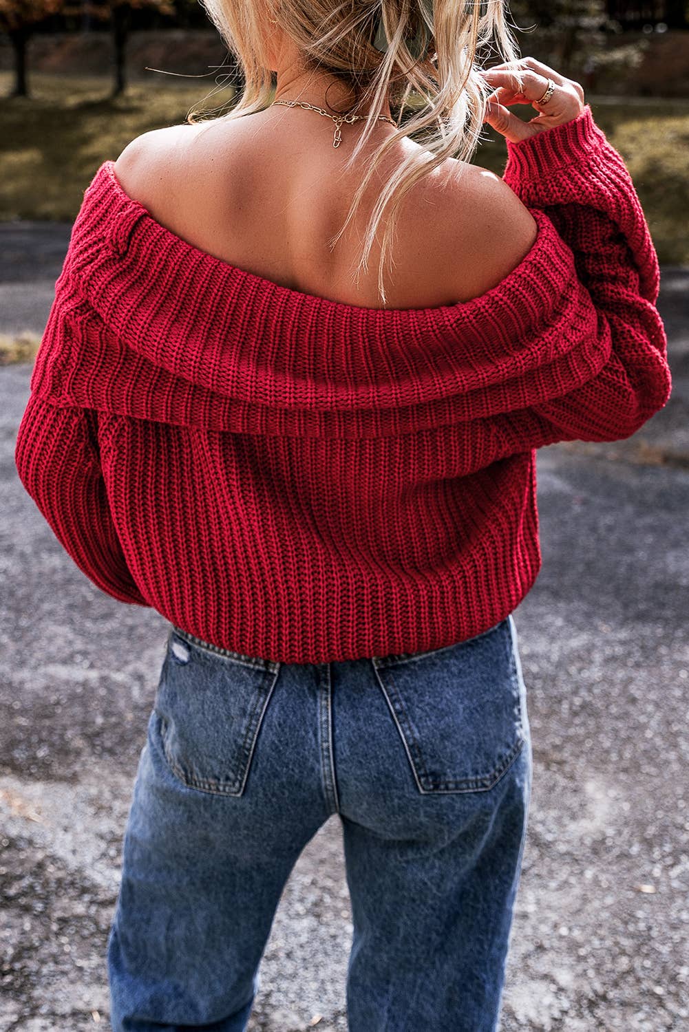 Off-the-shoulder Knit Sweater: Racing Red