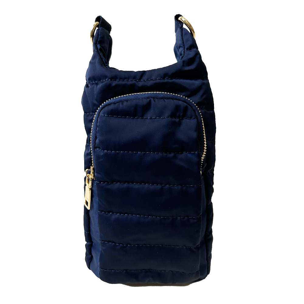 Emma Quilted Puffy Water Bottle Holder w/2" Solid Strap: NAVY