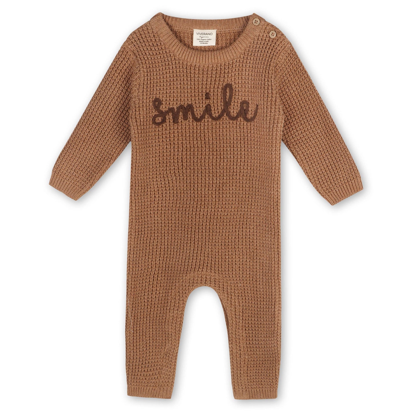 Viverano Organics - Smile Embroidered Chunky Sweater Knit Baby Jumpsuit -Organic: Chai Spice / 6-12M