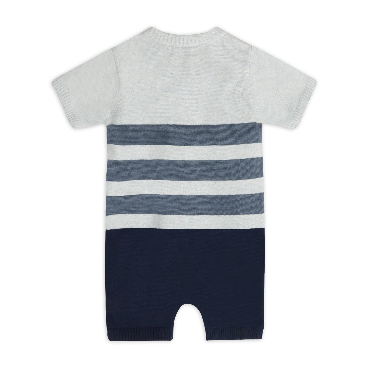 Viverano Organics - Airplane Applique Knit Short Baby Romper (Organic Cotton): Blue Heather/ Navy Combo / 3-6M