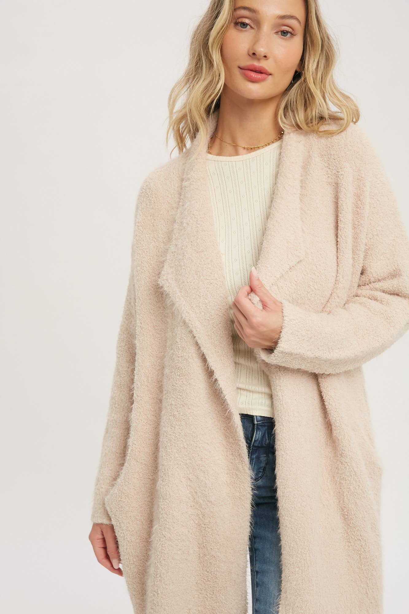 Bluivy - SOFT FUZZY DRAPE FRONT CARDIGAN: OATMEAL