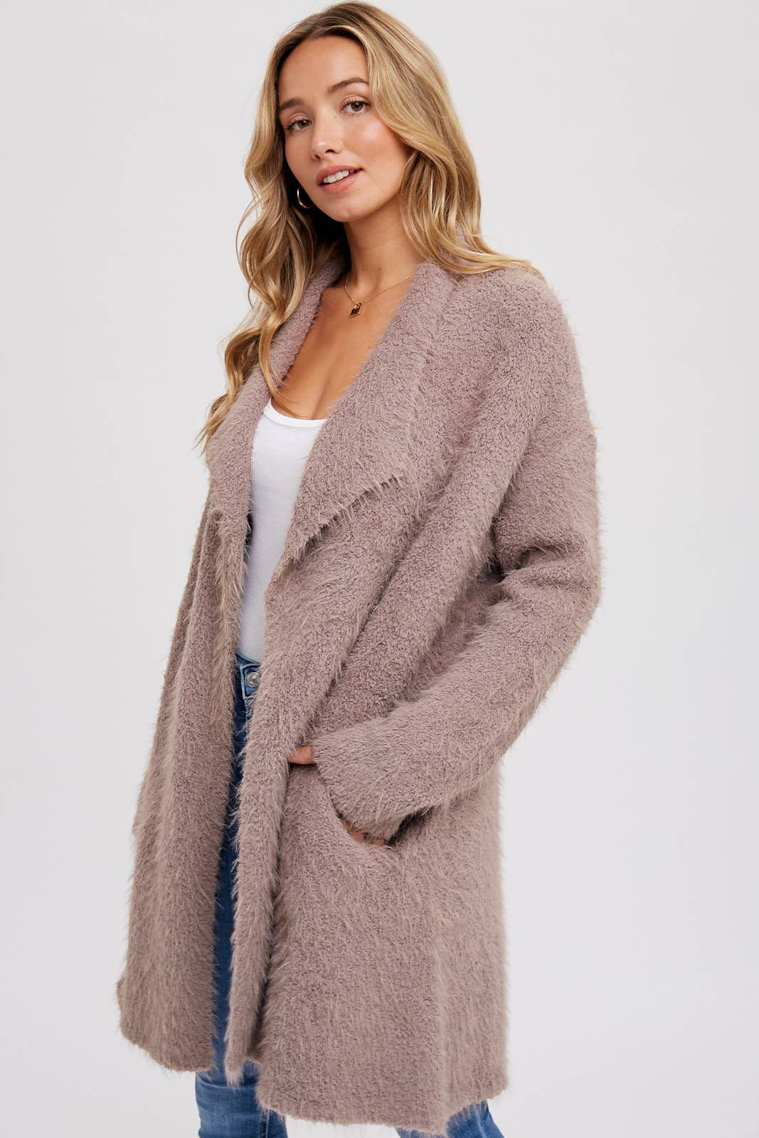 Bluivy - SOFT FUZZY DRAPE FRONT CARDIGAN: OATMEAL