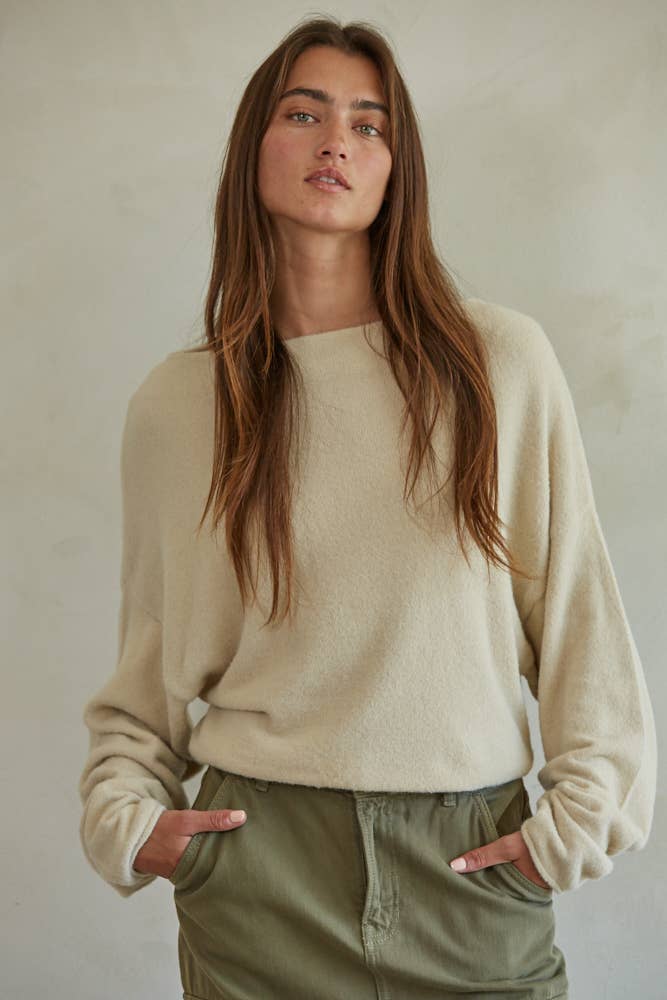 Knit Sweater Boat Neck Long Sleeve Pullover Top: Clay / S