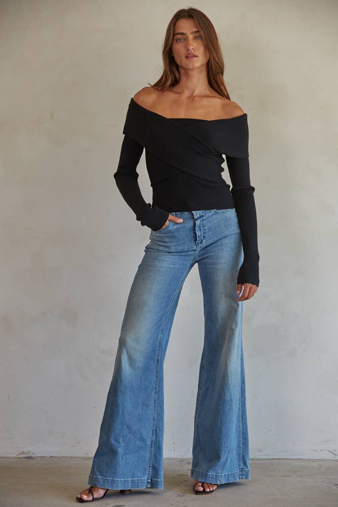Knit Sweater Off Shoulder Long Sleeve Top: Black / S