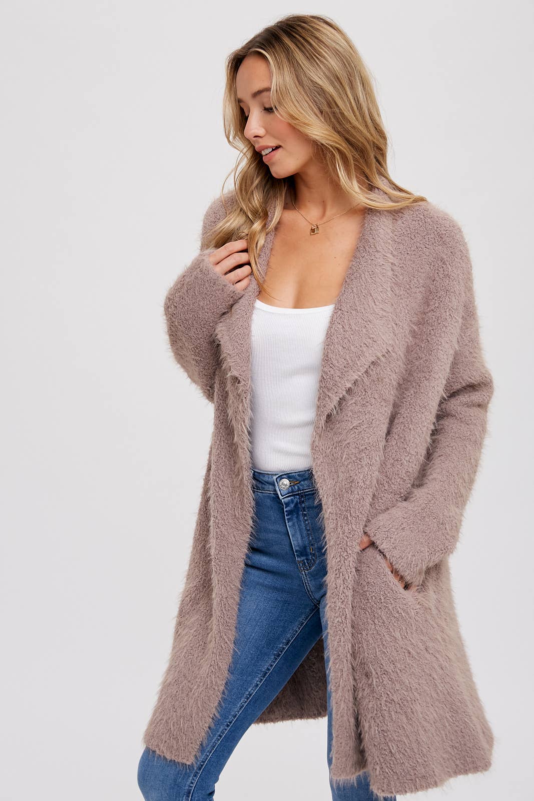 Bluivy - SOFT FUZZY DRAPE FRONT CARDIGAN: OATMEAL