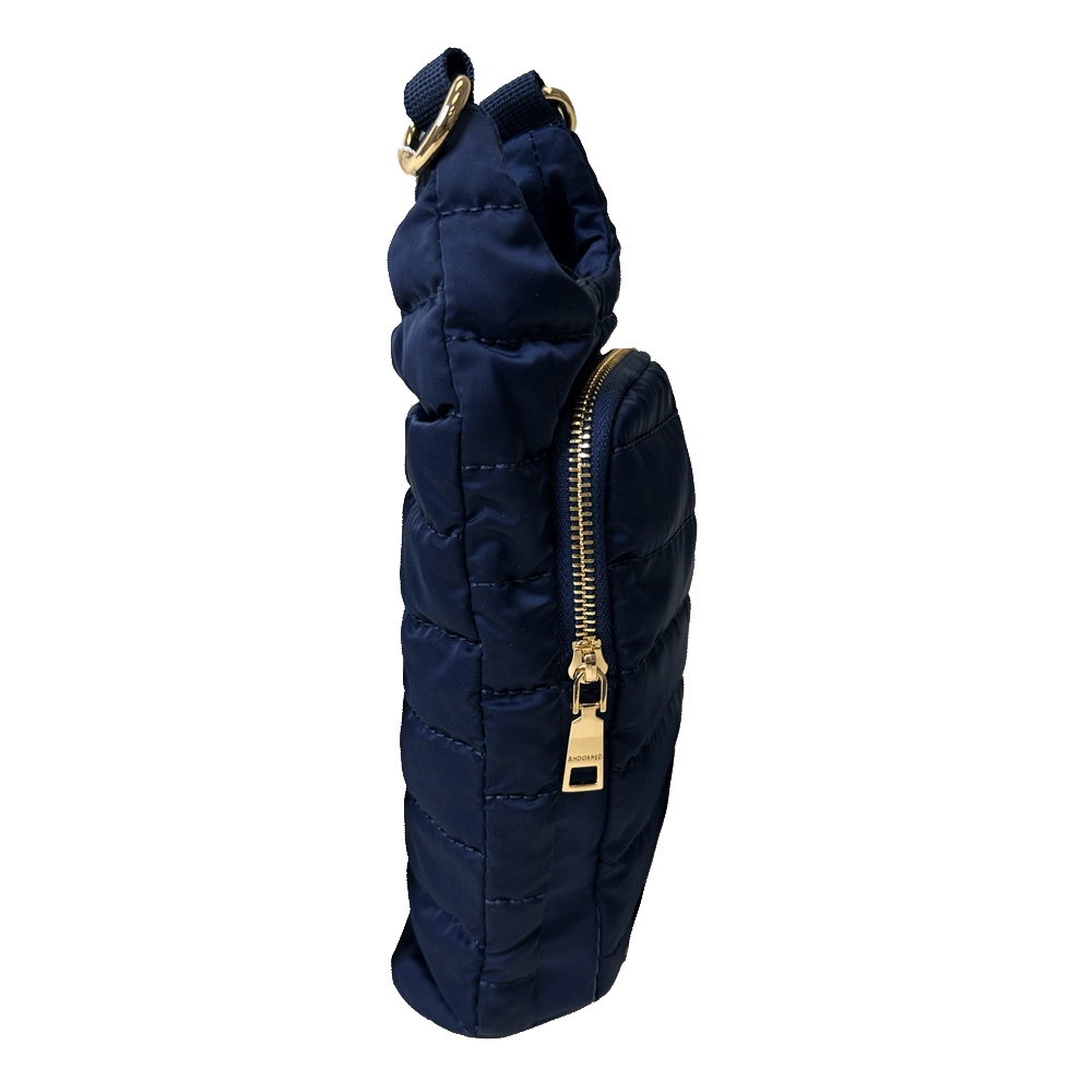 Emma Quilted Puffy Water Bottle Holder w/2" Solid Strap: NAVY