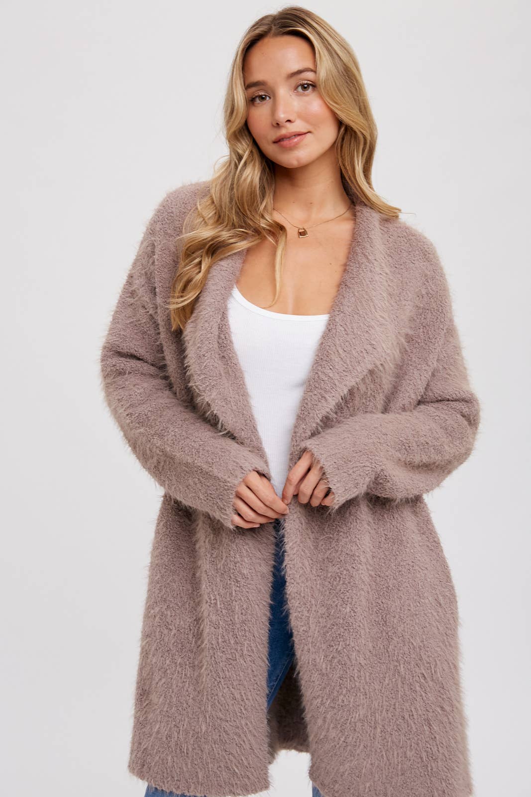 Bluivy - SOFT FUZZY DRAPE FRONT CARDIGAN: OATMEAL