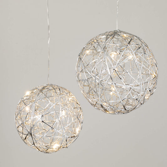 LIGHTED SILVER HANGING GLOBES